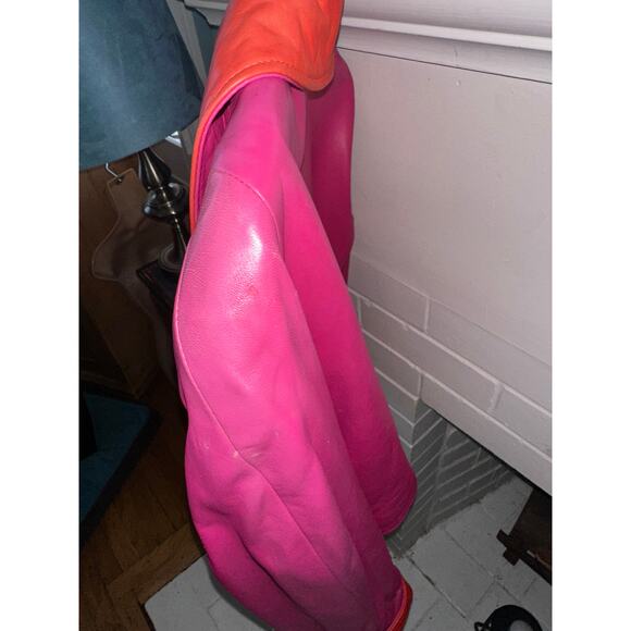 VINTAGE 80's UNWORN VAKKO PINK/ORANGE GLOVE LEATHER JACKET MOD S - Picture 8 of 11